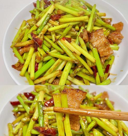 用肉丝和蒜台来制作的美味佳肴（掌握这道菜的关键在于熟练的切丝和妙手调味）